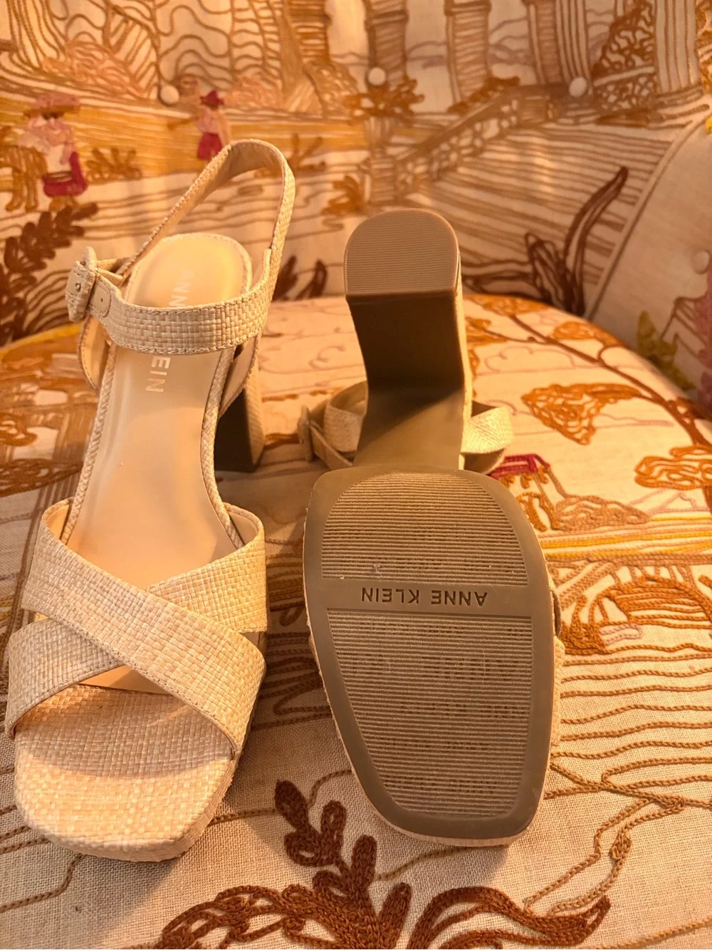 Anne Klein cream Woven Block Heel Sandals